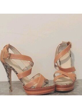 Tan Criss Cross & Snake Print Platform Sandals